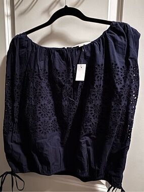 Navy Eyelet Bubble Hem Blouse